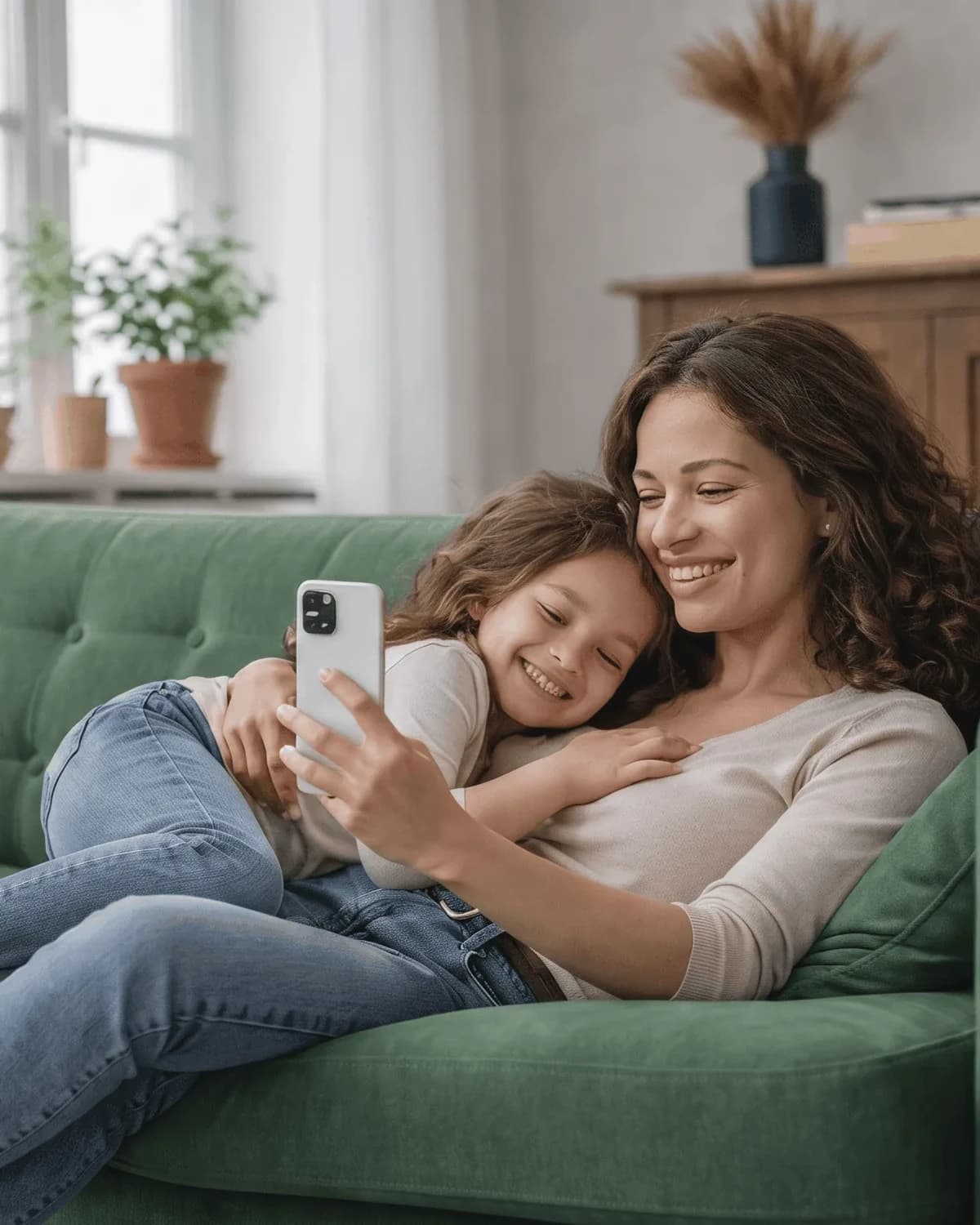 A mother and daughter cuddling on a sofa, smiling at a phone together