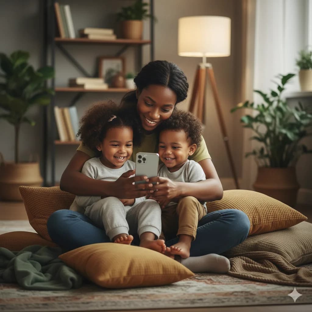 A mother sharing a quiet moment with her children